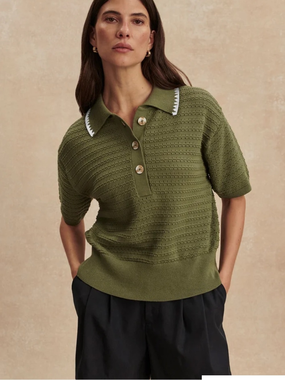 Varley Varley Guilia Polo Knit Top Olive XS NWT Blouse Short Sleeve